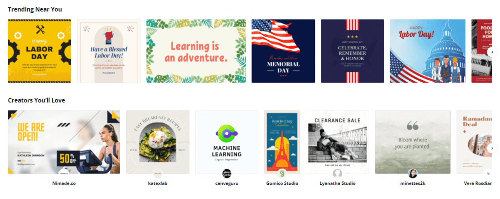 Canva Trending Near You sections