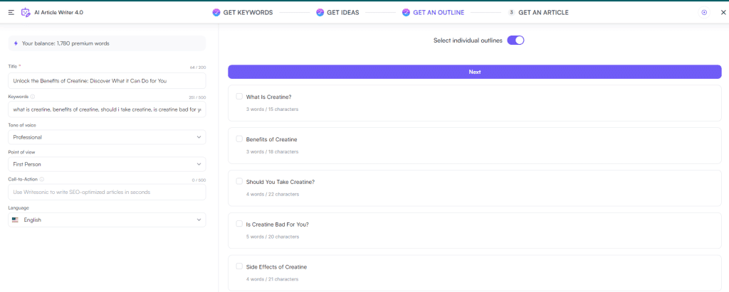 select individual headlines Writesonic