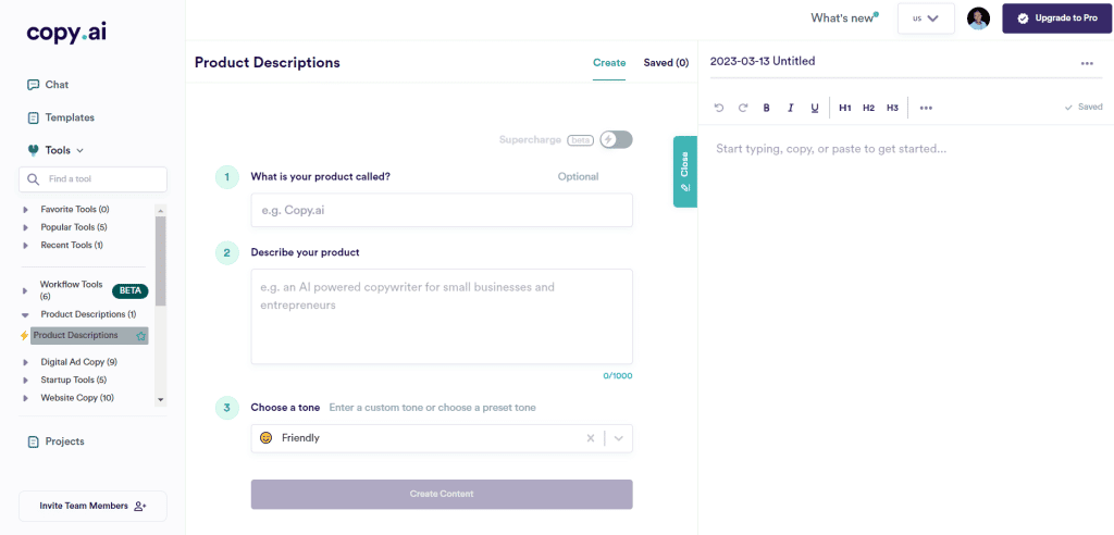 Copy AI product descriptions page