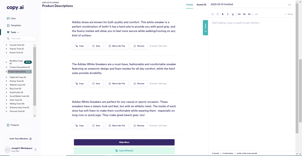 Copy AI product descriptions results