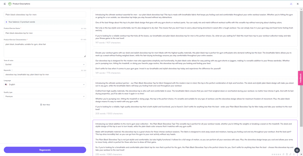 Writesonic product description result