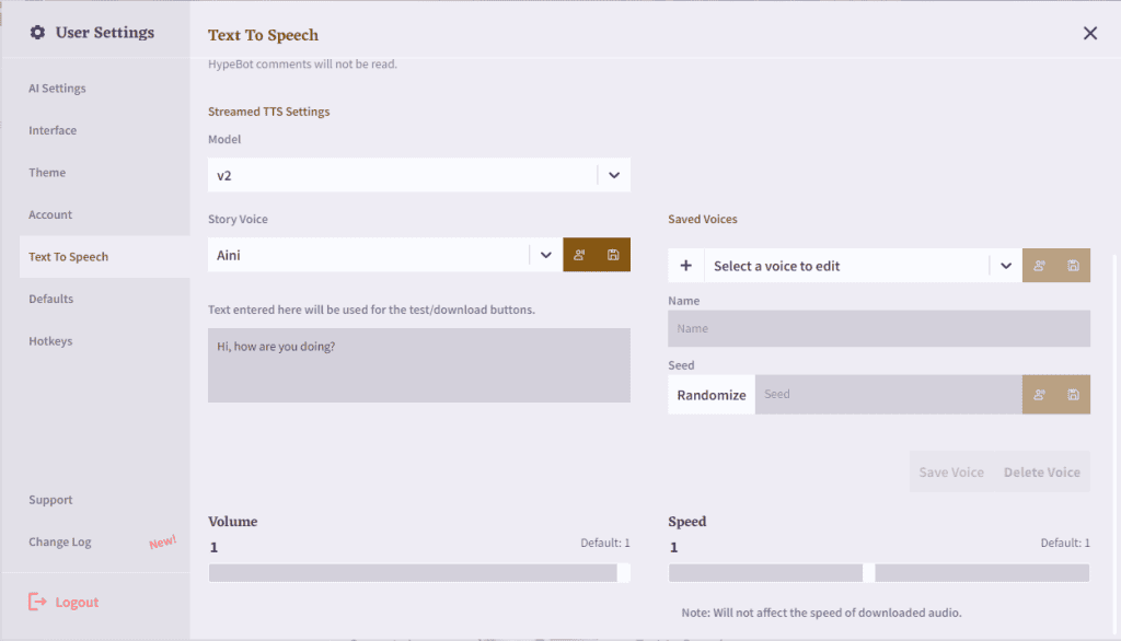 Novel AI text to speech interface