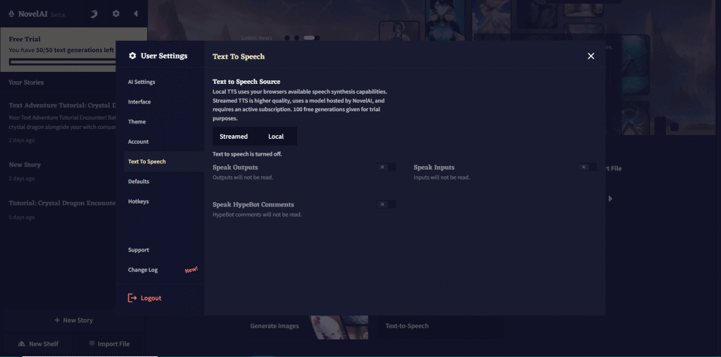 novel AI text to speech feature